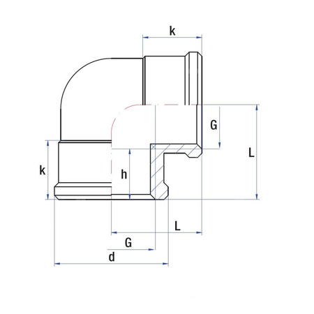 Kolano 90' RUMET mosiądz 1'' x 1'' (GW), 35 mm