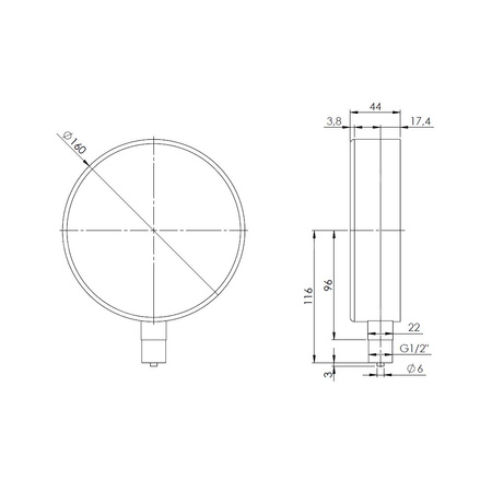 Ciśnieniomierz różnicowy AFRISO KP D401 0/600 mbar mosiądz G1/2B radialne fi 160, kl. 1.6%