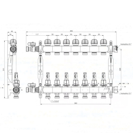 Rozdzielacz do ogrzewania podłogowego AFRISO ProCalida VA 1C 7-obieg. stal nierdzewna GZ 1'' x euroconus 3/4''