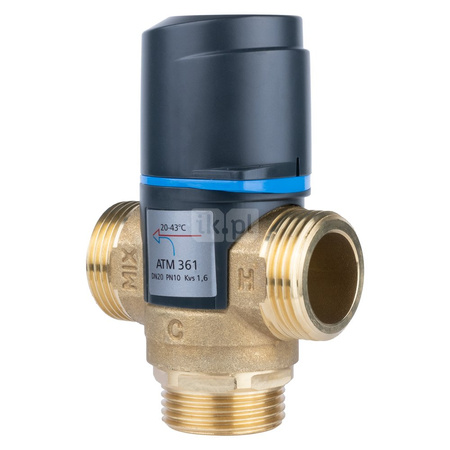 Zawór regulacyjny termostatyczny do wody ciepłej AFRISO ATM 361 ze śrubunkami mosiądz GZ 1'', DN 20, zakres temp. 20-43'C, Kvs 1.6 m3/h, maksymalna temperatura 90'C, maksymane ciśnienie 10 bar