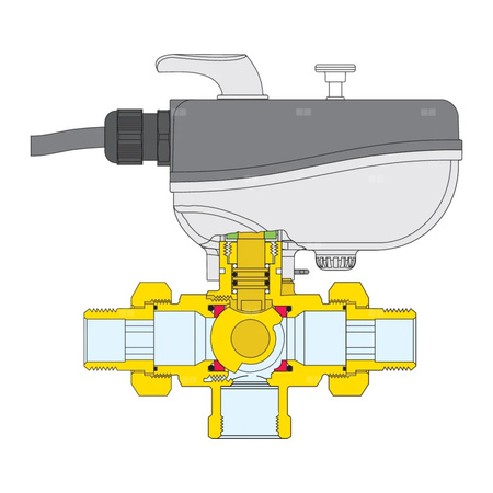Trójdrożny zawór kulowy z siłownikiem. Z izolacją dla instalacji grzewczych i chłodniczych 1 1/2", czas zadziałania 50s