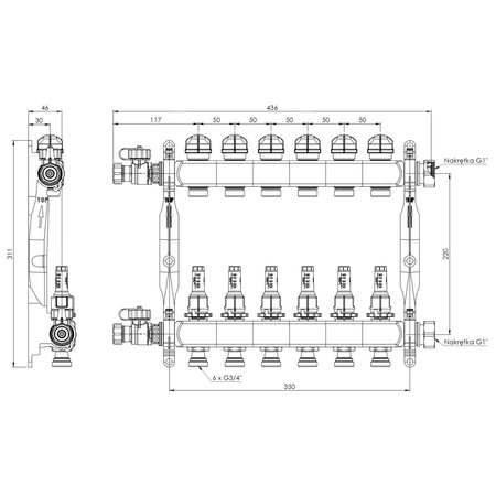 Rozdzielacz do ogrzewania podłogowego AFRISO ProCalida VA 1C 6-obieg. stal nierdzewna GZ 1'' x euroconus 3/4''