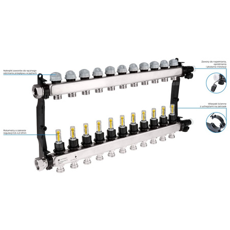 Rozdzielacz do ogrzewania podłogowego AFRISO ProCalida VA 1C 11-obieg. stal nierdzewna GZ 1'' x euroconus 3/4''