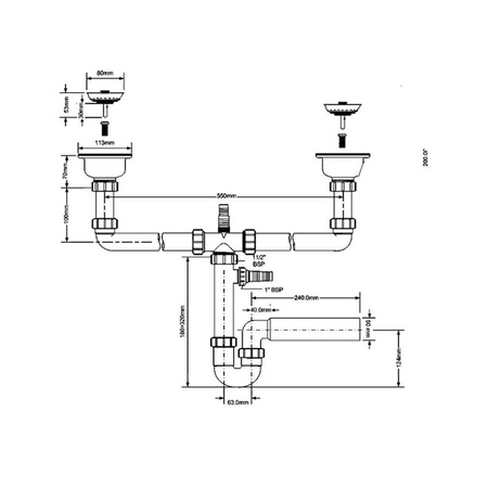 Syfon zlewozmywakowy rurowy podwójny 3,5"X50mm z podłączeniem pralki lub zmywarki