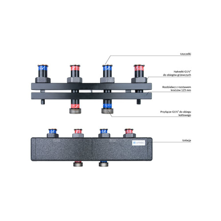 Rozdzielacz do instalacji c.o. AFRISO KSV 125-2 GZ 1 1/2'', 2-obieg. Nakrętka 1 1/2'', max. 70 kW