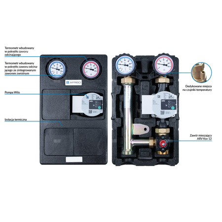 Grupa pompowa AFRISO PrimoTherm K 180-2 DN 25 WP 3-WM GZ x GW 1 1/2'' x 1'', z zaworem mieszającym, z izolacją, z pompą obiegową Wilo Para SC 25/6
