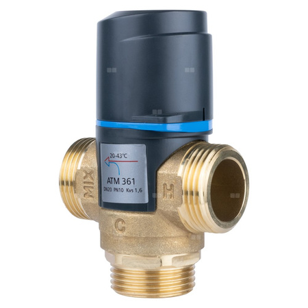 Zawór regulacyjny termostatyczny do wody ciepłej AFRISO ATM 361 mosiądz GZ 1'', DN 20, zakres temp. 20-43'C, Kvs 1.6 m3/h, maksymalna temperatura 90'C, maksymane ciśnienie 10 bar