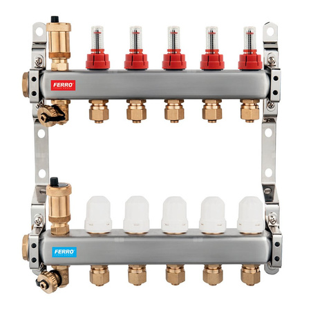 Rozdzielacz 7-drogowy z zaworami termostatycznymi, przepływomierzami i złączkami, stal nierdzewna