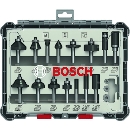 Mieszany zestaw frezów, trzpień 8 mm, 15 szt. 15-piece Mixed Application Router Bit Set.