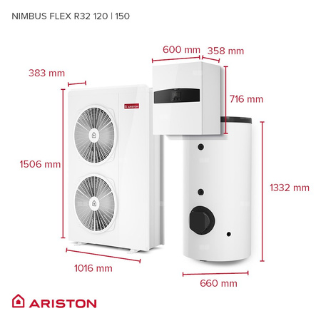 Pakiet - Pompa ciepła powietrze-woda split ARISTON NIMBUS FLEX 150 S-T NET R32 11 kW 400 V + Moduł naścienny SENSYS HD + Moduł komunikacji internetowej (aplikacja Ariston Net)