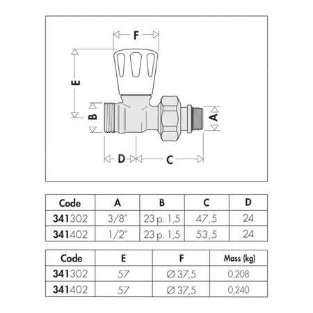Grzejnikowy ręczny zawór prosty do rur miedzianych oraz rur z tworzyw sztucznych 1/2" 23 p.1,5