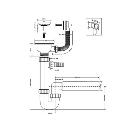 Syfon zlewozmywakowy rurowy 3,5"x50mm z podłączeniem do pralki lub zmywarki, spust z przelewem