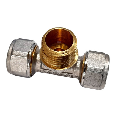 Trójnik QIK Skręcany do rur wielowarstwowych mosiądz 20 mm x 1/2'' x 20 mm (złącze skręcane x GZ x złącze skręcane)