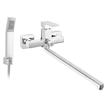 Bateria umywalkowo-wannowa ścienna FERRO ZICCO, kolor chrom, montaż z zestawem natryskowym