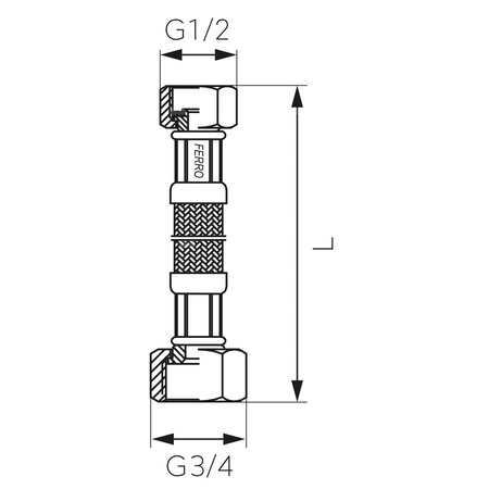 Wąż przyłączeniowy elastyczny FERRO z oplotem (stal), GW x GW, 1/2'' x 3/4'', długość 100 mm