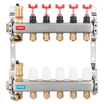 Rozdzielacz 6-drogowy z zaworami termostatycznymi, przepływomierzami i złączkami, stal nierdzewna