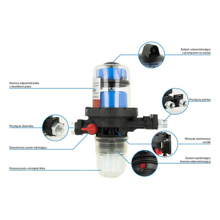 Filtr olejowy AFRISO FloCo-Top-1C Si zintegrowany z odpowietrznikiem fi 3/8'' x 3/8'' GW x GZ, z wkładem plastikowym, maks. przepływ 100 l/h