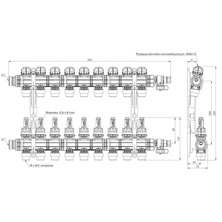 Rozdzielacz do ogrzewania podłogowego AFRISO ProCalida EF1 K 9-obieg. poliamid GZ 1'' x euroconus 3/4'' + przepływomierz + zawór napełn/spust