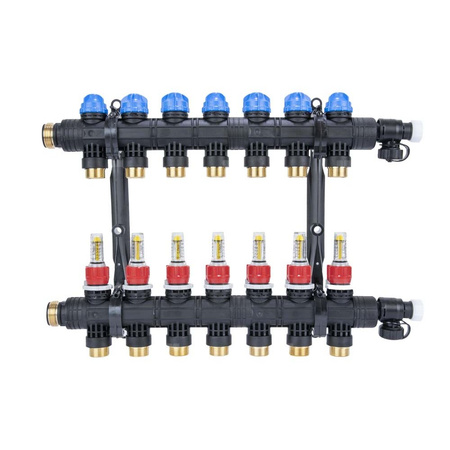 Rozdzielacz do ogrzewania podłogowego AFRISO ProCalida EF1 K 7-obieg. poliamid GZ 1'' x euroconus 3/4'' + przepływomierz + zawór napełn/spust
