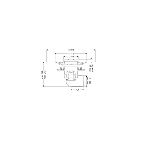 Wpust Ferrofix DN100, odpł.boczny, z nasadką nierdz. i kratką szczel.nierdz. 138x138, sys.125