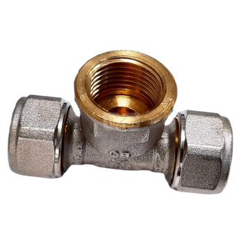 Trójnik QIK Skręcany do rur wielowarstwowych mosiądz 26 mm x 1'' x 26 mm (złącze skręcane x GW x złącze skręcane)