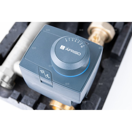 Grupa pompowa AFRISO PrimoTherm K 180-2 DN 25 AP 3-WM-SM GZ x GW 1 1/2'' x 1'', z zaworem mieszającym, z izolacją, z pompą obiegową AFRISO APH 361 25-7/180 mm, z siłownikiem arm 343 proclick