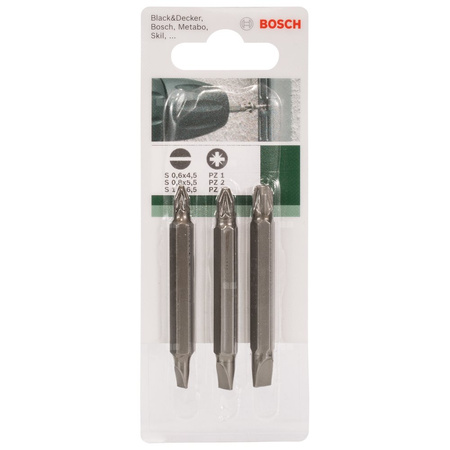 3-częściowy zestaw podwójnych końcówek wkręcających do śrub z rowkiem krzyżowym Pozidriv i do śrub rowkiem podłużnym (PZ, S) S0,