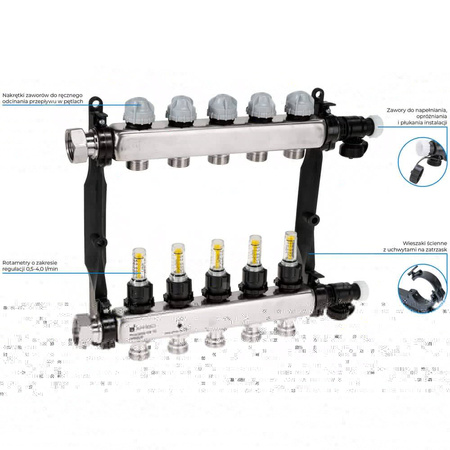 Rozdzielacz do ogrzewania podłogowego AFRISO ProCalida VA 1C 5-obieg. stal nierdzewna GZ 1'' x euroconus 3/4''