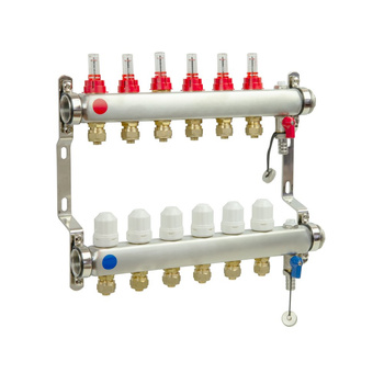 PHA-127/1/S/Z 14-obwodowy PN6 Rozdzielacz ze stali nierdzewnej do ogrzewania podłogowego z odpowietrznikiem ręcznym oraz ze złączkami 16x1/2"
