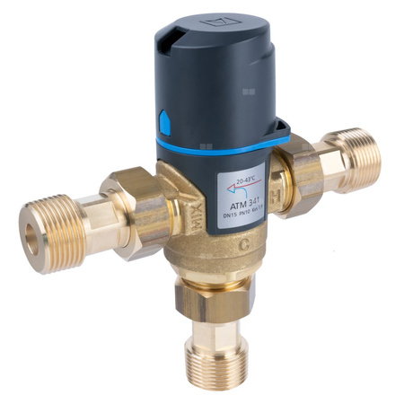 Zawór regulacyjny termostatyczny do wody ciepłej AFRISO ATM 341 ze śrubunkami mosiądz GZ 3/4'', DN 15, zakres temp. 20-43'C, Kvs 1.6 m3/h, maksymalna temperatura 90'C, maksymane ciśnienie 10 bar