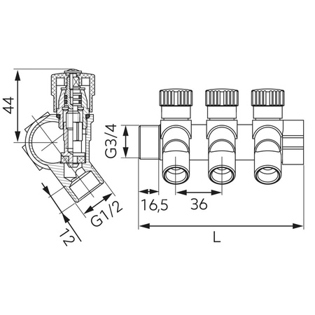 Rozdzielacz hydrauliczny FERRO RDW200400 mosiądz GZ x GW, odgałęzień: 4 (1/2'') + zawory odcinające