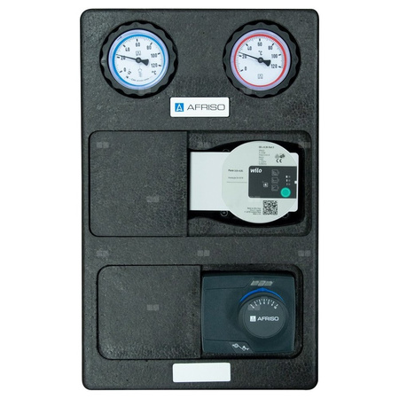 Grupa pompowa AFRISO PrimoTherm K 180-2 DN 25 WP 3-WM-SM GZ x GW 1 1/2'' x 1'', z zaworem mieszającym, z izolacją, z pompą obiegową Wilo Para SC 25/6, z siłownikiem arm 343 proclick