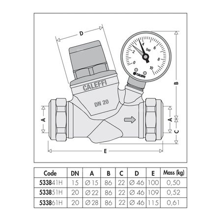 Regulator ciśnienia CALEFFI 5338H, złącze zaciskowe 22, 16 bar z manometrem, wersja skośna