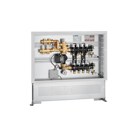 Zespół regulacyjny – regulacja stałotemperaturowa. Wstępnie zmontowany w skrzynce inspekcyjnej. 6 wyjść. Dodatkowy rozdzielacz obiegu pierwotnego z dwoma wyjściami.