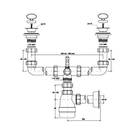Syfon zlewozmywakowy butelkowy podwójny 11/2"X40mm z podłączeniem pralki lub zmywarki