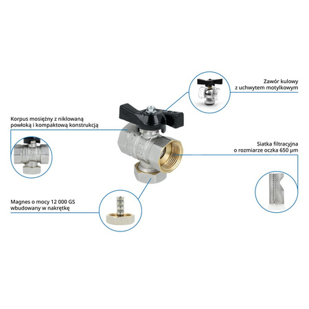 Zawór kulowy z filtrem siatkowym i magnesem BFV, GW G3/4''