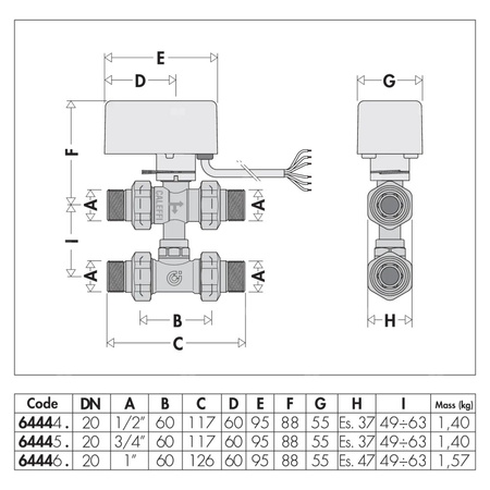 Trójdrożny kulowy zawór strefowy z trójnikiem obejściowym, z napędem 3/4"-24V