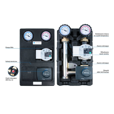 Grupa pompowa AFRISO PrimoTherm K 180-2 DN 25 WP 3-WM-SM GZ x GW 1 1/2'' x 1'', z zaworem mieszającym, z izolacją, z pompą obiegową Wilo Para SC 25/6, z siłownikiem arm 343 proclick