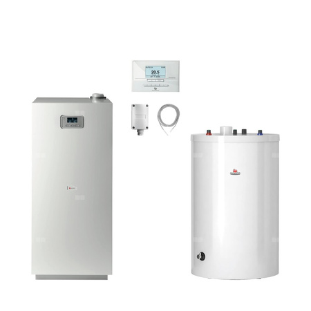 Pakiet-Kocioł gazowy jednofunkcyjny SAUNIER DUVAL Niedźwiedź Condens KKS48 kondensacyjny stojący 15.5 - 51.5kW + Czujnik temperatury zewnętrznej + Czujnik c.w.u. NTC + Regulator EXACONTROL E7C + Drugie przyłącze powrotu + Zasobnik c.w.u FE 200/6 BM