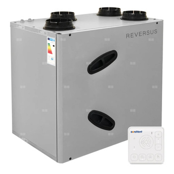 Rekuperator Reversus 450+ z panelem Wi-Fi, z wymiennikiem przeciwprądowym (wydatek 430 m³/h), z by-passem, z nagrzewnicą wstępną, z uchwytami mocującymi do ściany