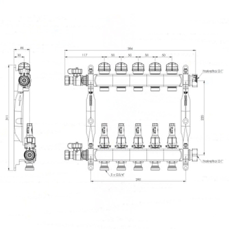 Rozdzielacz do ogrzewania podłogowego AFRISO ProCalida VA 1C 5-obieg. stal nierdzewna GZ 1'' x euroconus 3/4''