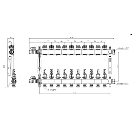 Rozdzielacz do ogrzewania podłogowego AFRISO ProCalida VA 1C 10-obieg. stal nierdzewna GZ 1'' x euroconus 3/4''