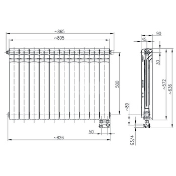 Grzejnik żeberkowy KFA Armatura G500F/D aluminium, podłączenie dolne, prawe, kątowe 572 x 865 mm, kolor biały (RAL 9016)