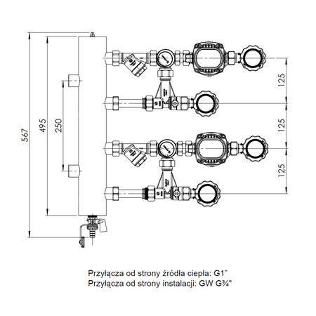 Grupa pompowa AFRISO BPS 966 AP GZ x GW 1'' x 3/4'', z zaworem mieszającym, z pompą obiegową AFRISO APH 160 15-7/130 mm