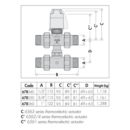 Trójdrożny zawór strefowy z obejściem współpracujący z siłownikami termoelektrycznymi serii 6563, 6561, 6562 i 6564 1/2"