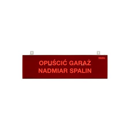 tablica ostrzegawcza "OPUŚCIĆ GARAŻ NADMIAR SPALIN", podświetlenie czerwone LED, wbudowana cicha syrenka, zasilanie 12/24V