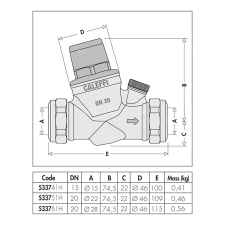 Regulator ciśnienia CALEFFI 5337H, złącze zaciskowe 28, 16 bar, wersja skośna