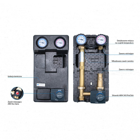 Grupa pompowa AFRISO PrimoTherm 180-2 DN 25 3-WM-SM Vario GZ x GW 1 1/2'' x 1'', z zaworem mieszającym, z izolacją, z siłownikiem arm 343 proclick