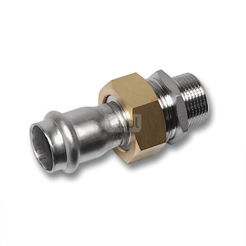 Śrubunek SANHA NiroSan Press z uszczelką i nakrętką z mosiądzu trzyczęściowy, stal nierdzewna, 18 mm x 1/2'' (zw x GZ)