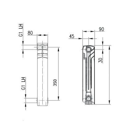 Grzejnik żeberkowy KFA Armatura G350F aluminium, podłączenie boczne 422 x 80 mm, kolor biały (RAL 9010)